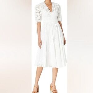 Just Taylor Womens Boho Eyelet Midi Dress Smocked Waist Puff Sleeve 12 White